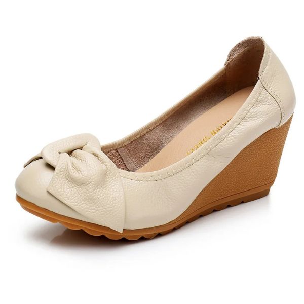 Chaussures Compensées en Cuir Véritable avec Nœud
