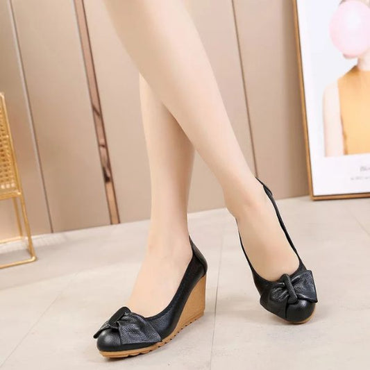 Chaussures Compensées en Cuir Véritable avec Nœud
