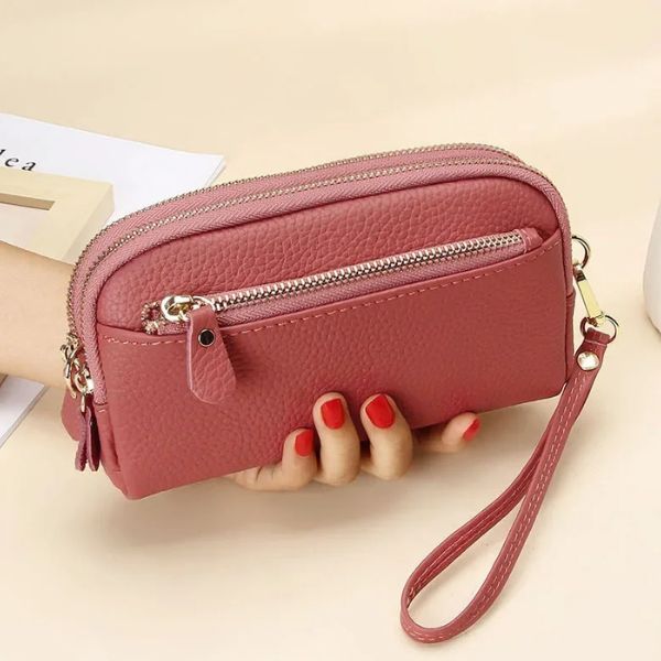 Portefeuille Femme Double Zip en Cuir Véritable