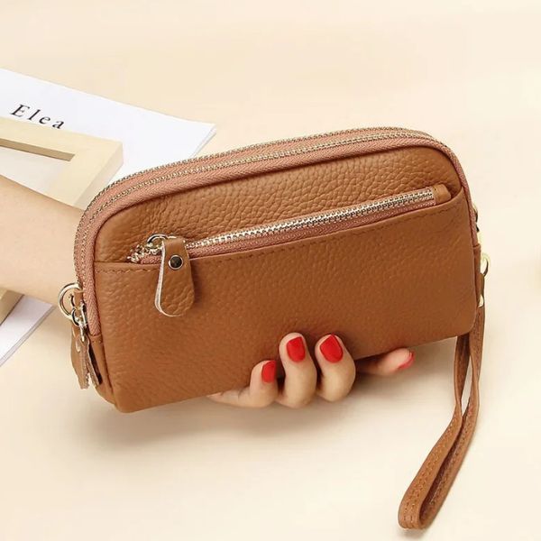 Portefeuille Femme Double Zip en Cuir Véritable