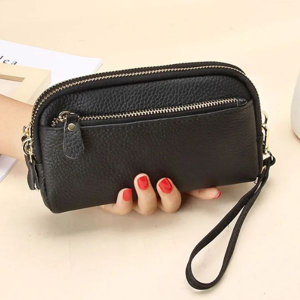 Portefeuille Femme Double Zip en Cuir Véritable
