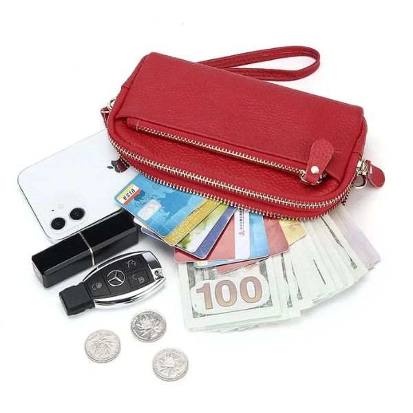 Portefeuille Femme Double Zip en Cuir Véritable