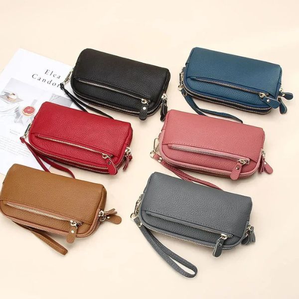 Portefeuille Femme Double Zip en Cuir Véritable