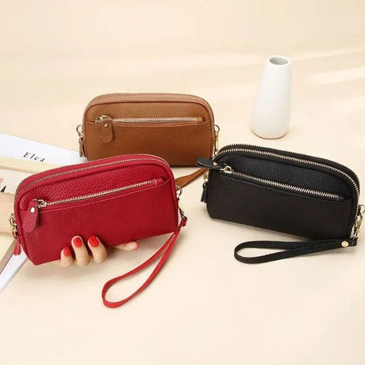 Portefeuille Femme Double Zip en Cuir Véritable