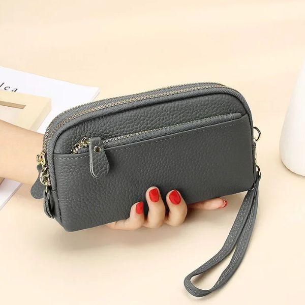 Portefeuille Femme Double Zip en Cuir Véritable