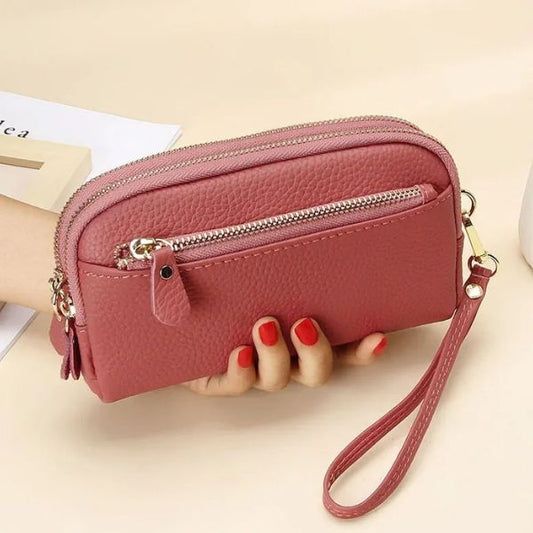 Portefeuille Femme Double Zip en Cuir Véritable